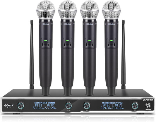 D Debra Audio D-440 UHF 4-Channel Wireless Microphone System with 4 Cordless Mics, Home Karaoke KTV Set, Ideal for Party, Church, Weddings, Stage, DJ, Outdoor, 300 Ft (4 Handheld)
