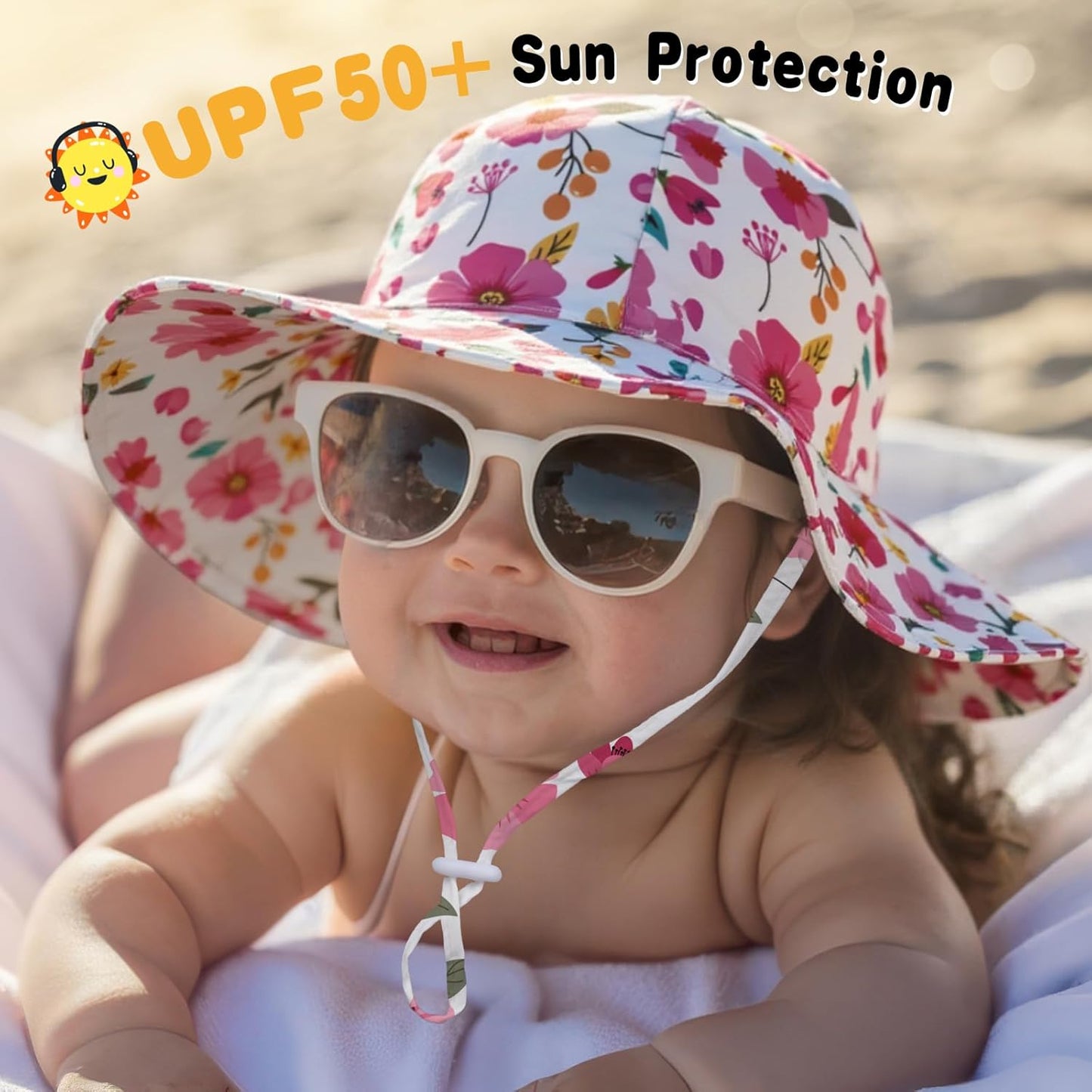 Baby Sun Hat Toddler Girl Beach Hat Adjustable Outdoor Summer Hat UPF 50+ Sun Protection Wide Brim Infant Kids