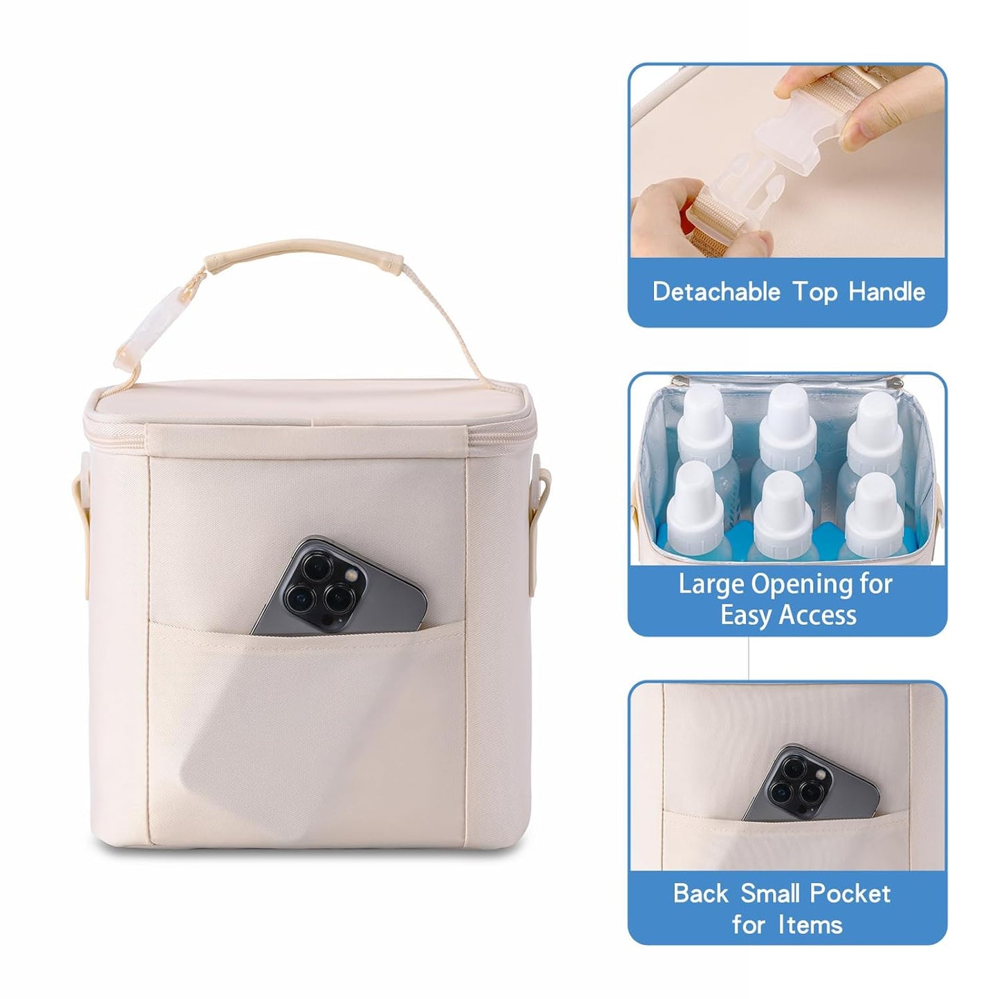 Breastmilk Cooler Bag with Ice Pack Fits 6 Baby Bottles Up to 9 Ounce, Baby Bottle Bag with Shoulder Strap for Nursing Mom Daycare, Cream