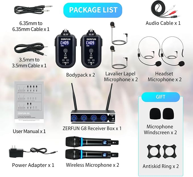 4 Channel Rechargeable Wireless Microphone System, Pro UHF Metal Handheld Headset Lavalier Lapel Cordless Mics for Karaoke Singing Church with VOL Control, 4x50 Adjustable Frequency(G8)