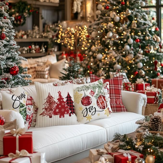 GEEORY Winter Christmas Throw Pillow Covers 18 x 18 Inch Set of 4, Xmas Trees Snowflake Snowman Joy Holiday Farmhouse Decorative Cushion Cases for Home Decoration G583-18