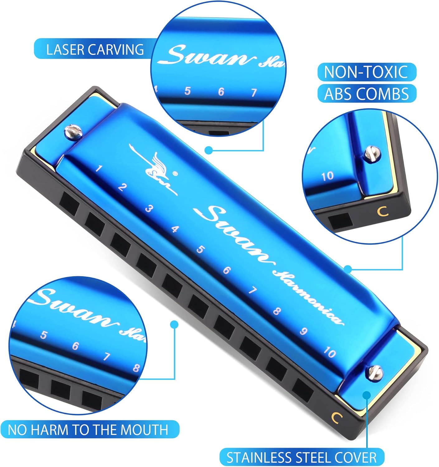 SWAN Blues Harmonica Key of C Mouth Organ Diatonic Harmonica with Case, 10 Hole 20 Tones Stainless Blues Harp for Adults, Beginners and Professional (Sapphire Blue)
