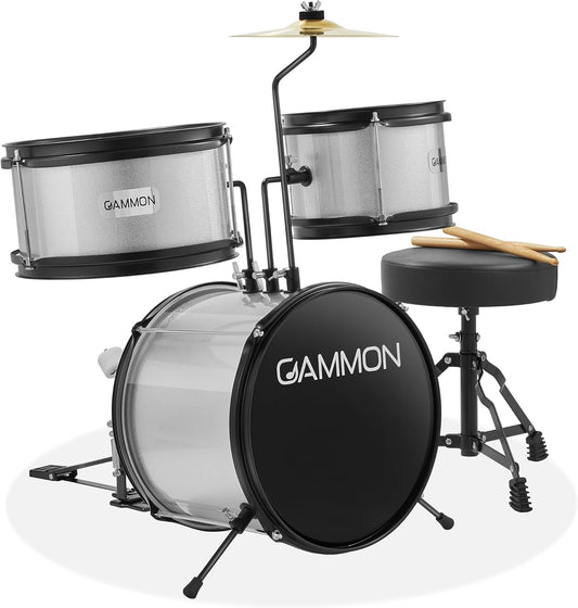 Gammon 3-Piece Junior Drum Set with Throne - Silver, Complete Beginner Kit with Bass Drum, Toms, Cymbal, Pedal, and Drumsticks