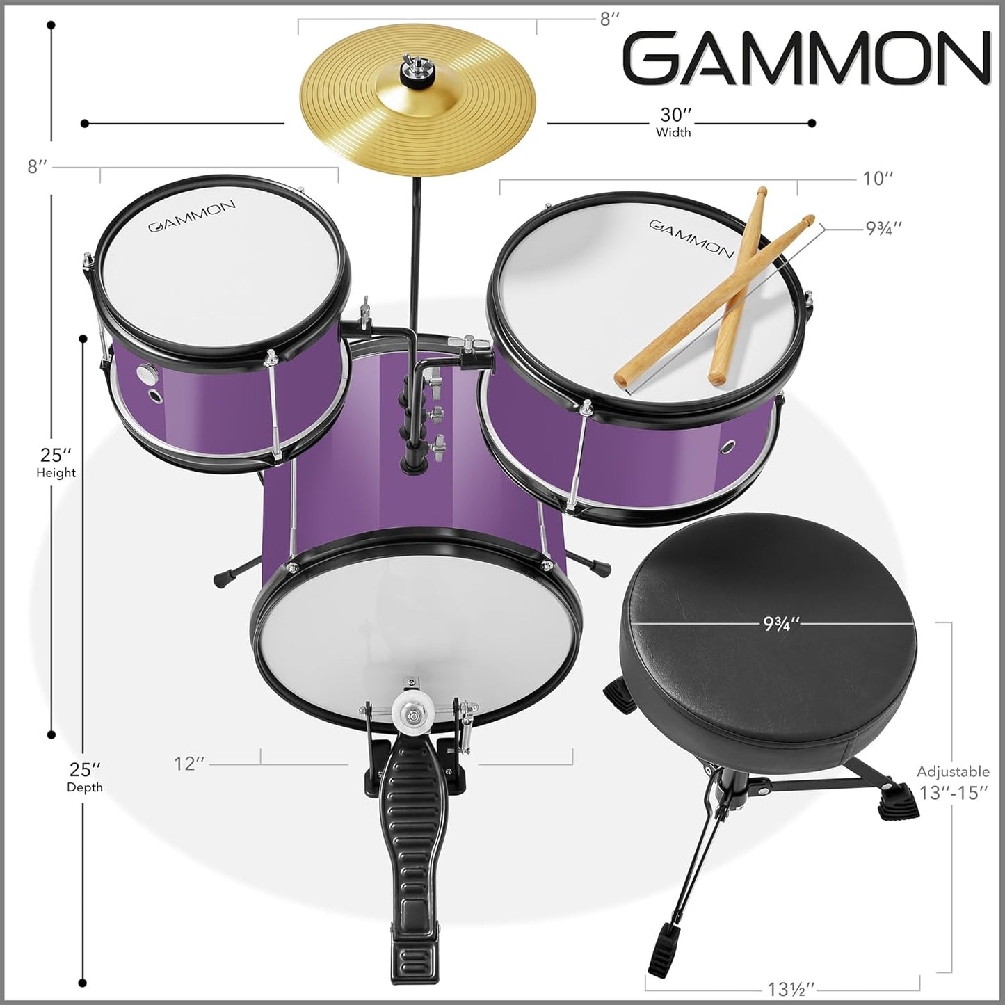 Gammon 3-Piece Junior Drum Set with Throne - Purple, Complete Beginner Kit with Bass Drum, Toms, Cymbal, Pedal, and Drumsticks