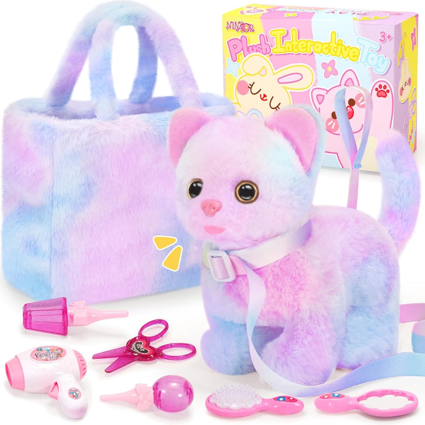 Plush Interactive Cat Toys for Kids with Tote Bags, Stuffed Robot Pet Kitten with Leash Walking Meow Pretend Play, Realistic Cute Stuff Fidget Toys for Toddler Stocking Stuffers Birthday Gifts