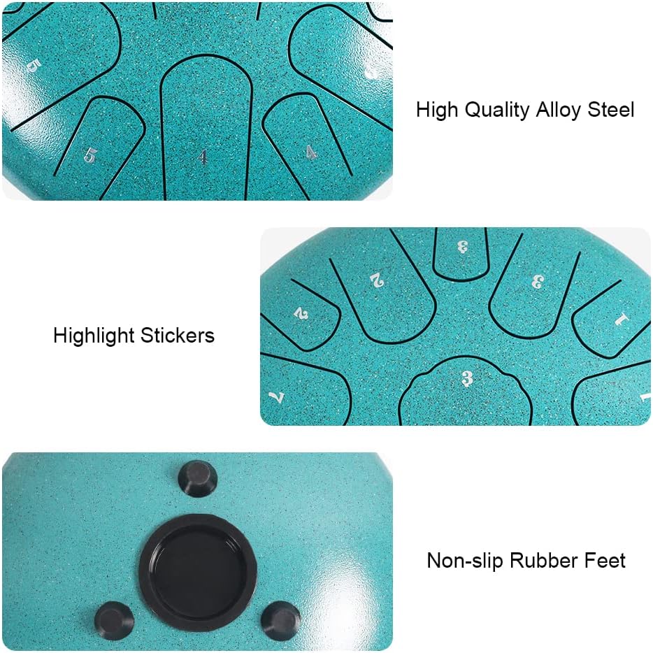 Rain Drum for Outside Garden,Steel Tongue Drum 12 Inches 15 Notes Musical Instruments, Handpan Drum Percussion Instrument, with Soft Bag, Music Book, 2 Mallets, for Meditation or Yoga (Green)