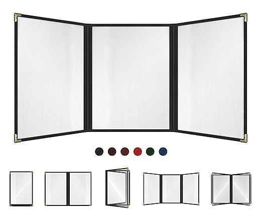 Goodsmart Restaurant Menu Covers – 25 Pack Black 6-View Trifold 8.5" x 11", Side-Loading Vinyl & Plastic Menu Holders, Clear Menu Sleeves, Leather-Style Café Covers with Gold Corners