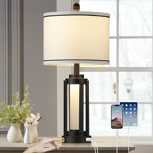 26" Modern Table Lamp with USB A+C Charging Ports & AC Outlet, Industrial Beside Contemporary Lamp Glass LED Night Light for Living Room Bedroom Nightstand End Table Single Black(2 Bulbs Included)
