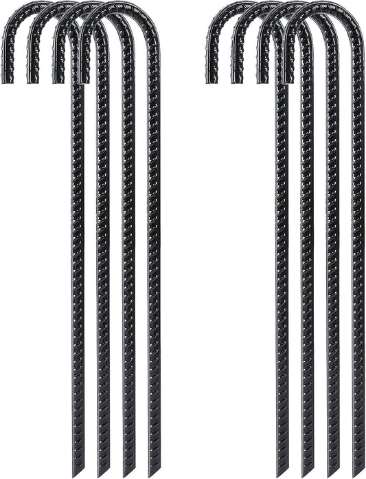 FEED GARDEN 16 Inch 8 Pack Rebar Stakes Heavy Duty J Hook, Galvanized Steel Ground Stakes Tent Stakes Ground Anchors, Chain Link Fence Stakes, Trampoline Stakes, Black