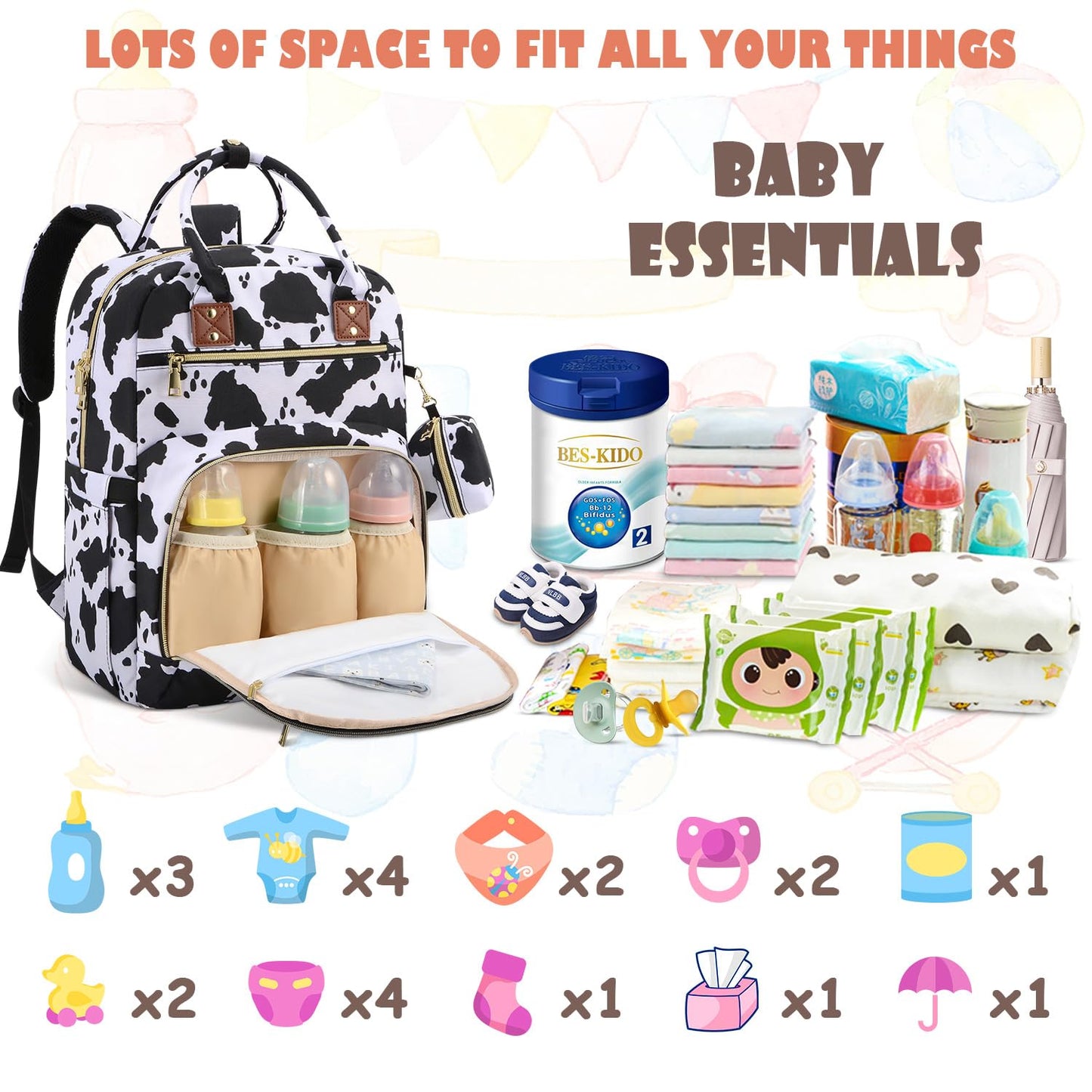 Baby Diaper Bag Backpack, Travel Diaper Bags for Baby Girl Boy Large Capacity Baby Bag Backpack for Women Cow Print