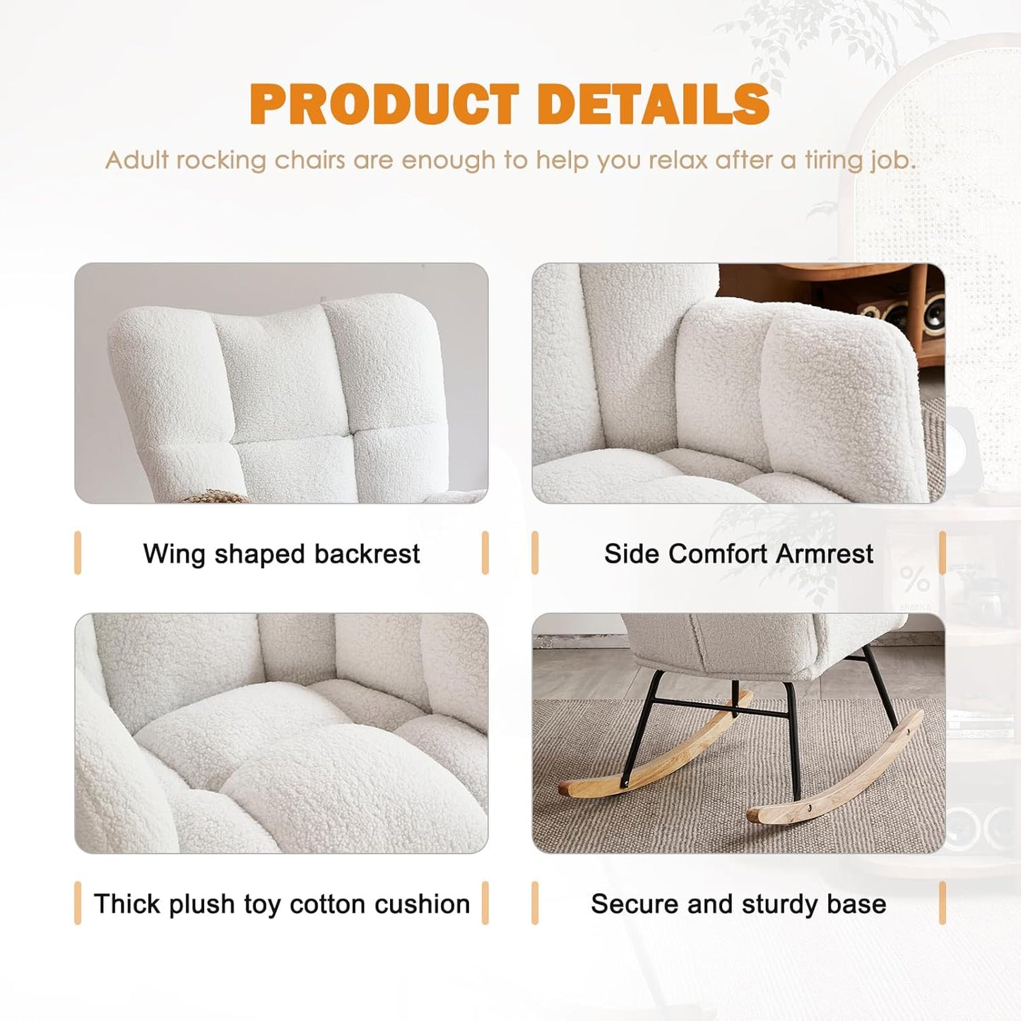 Kiztir Rocking Chair Nursery, High Backrest Teddy Glider Rocker Upholstered Rocker Recliner Modern Rocking Accent Chairs for Bedroom, Living Room, Offices (Ivory)