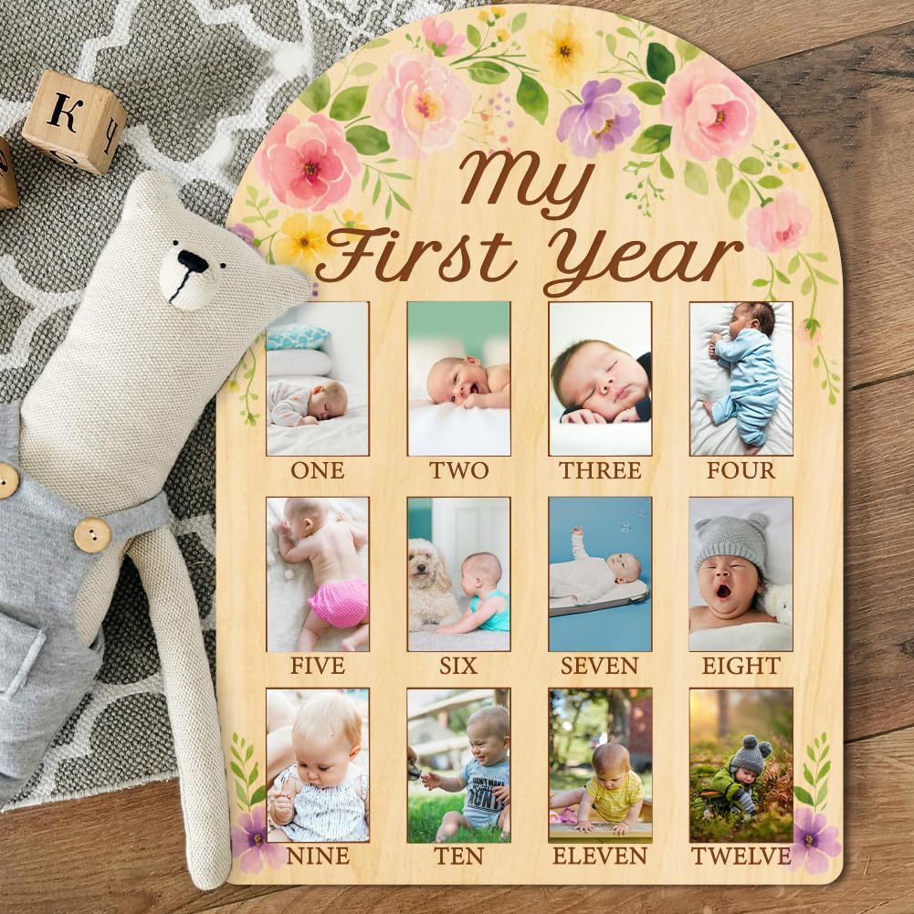 ORIGACH My First Year Baby Growth Photo Display Wood Board - 12 Months Newborn Milestones Photo Board - Neutral Baby Keepsake Board 1st Birthday Party Nursery Decor New Mom Gift - Flower
