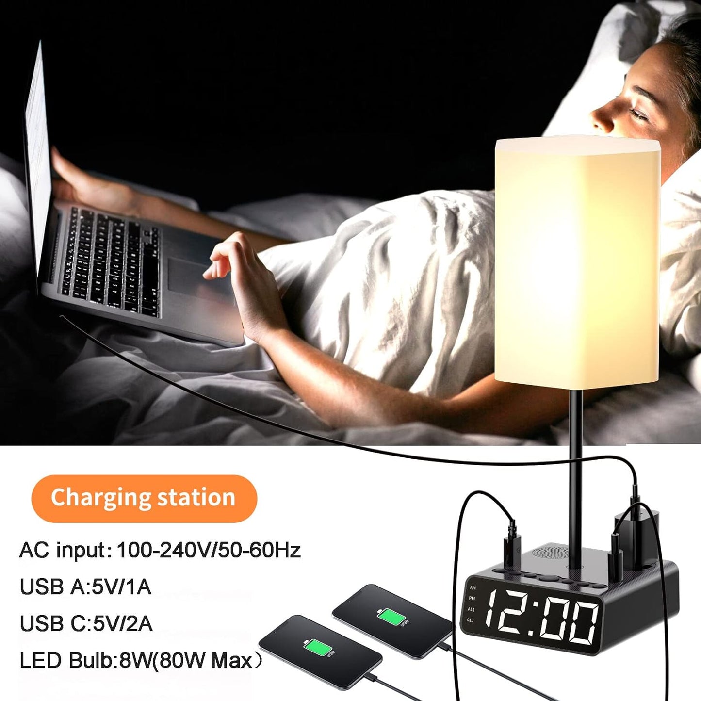 Table Lamp Alarm Clock with USB Ports and AC Outlet, Beside Lamp with Charging Station Speakers and Radio, Power Outlet with Touch Control 3-Way Dimmable Nightstand Lamp for Kids Study Room, Bedroom