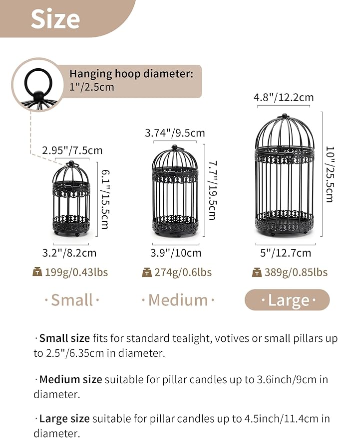 NUPTIO Vintage Bird Cage Lantern: Black Hanging Bird Cage Decor Candle Lanterns for Centerpiece - Large Birdcage Pillar Candles Holder for Halloween Christmas Bridal Shower 10 Inch H
