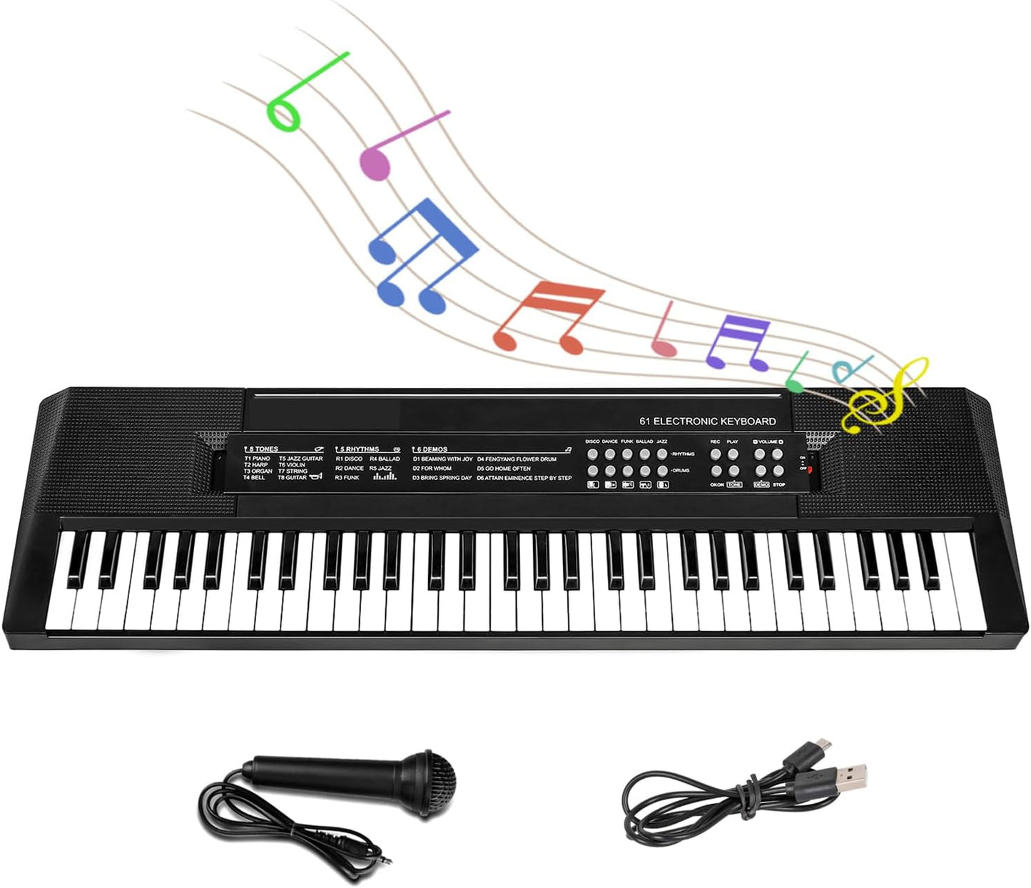 M SANMERSEN Kids Music Keyboard, 61-Key Portable Electronic Piano Toy with Microphone, Teaching Tool for Beginners, Ages 3-12, Black