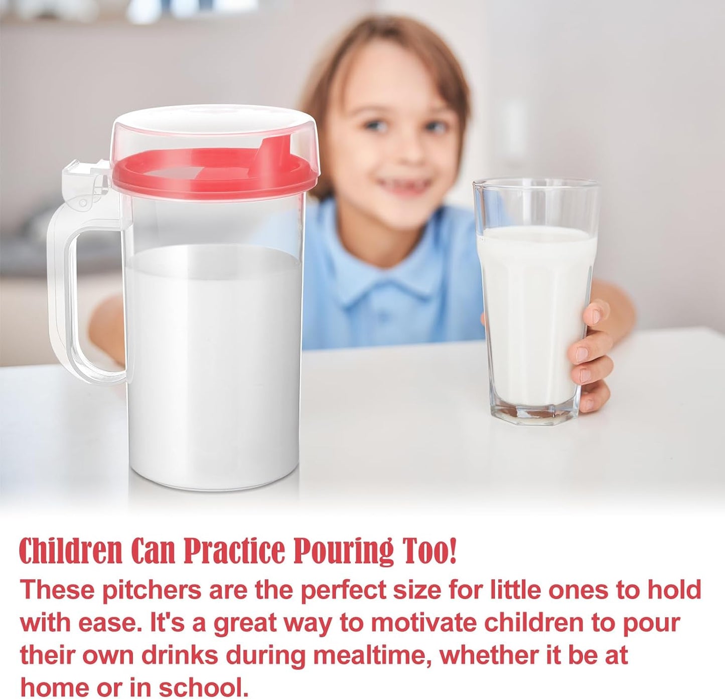 Newtay 6 Pack Early Learning Kids Easy Pouring Mini Pitchers Clear Plastic Pitcher with Lid and Handle Easy Pour Bottles 16 Oz. Jugs with Lids for Classroom Nursery Home (Red)