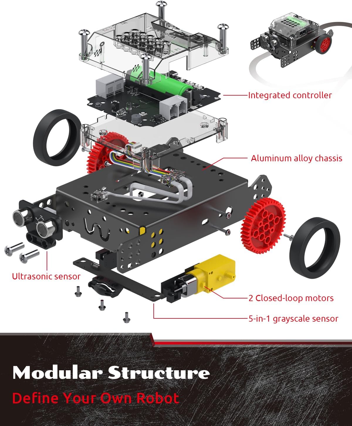 WhalesBot Rocky Smart Robot Car Coding & Remote Control Kit for Kids 8-16, Modular/Scratch/Python/C Programming, Educational Engineering Science Toy Set with Multiple Sensors and Smart Controller
