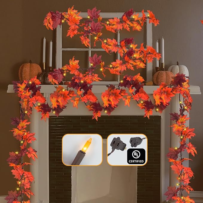 Fall Decor Thanksgiving Decorations for Home Lighted Fall Leaves String Lights, 11FT Thanksgiving Lighted Fall Leaf Garland Lights, 50 Orange Bulbs Lighted Fall Garland with Lights Plug in Outdoor