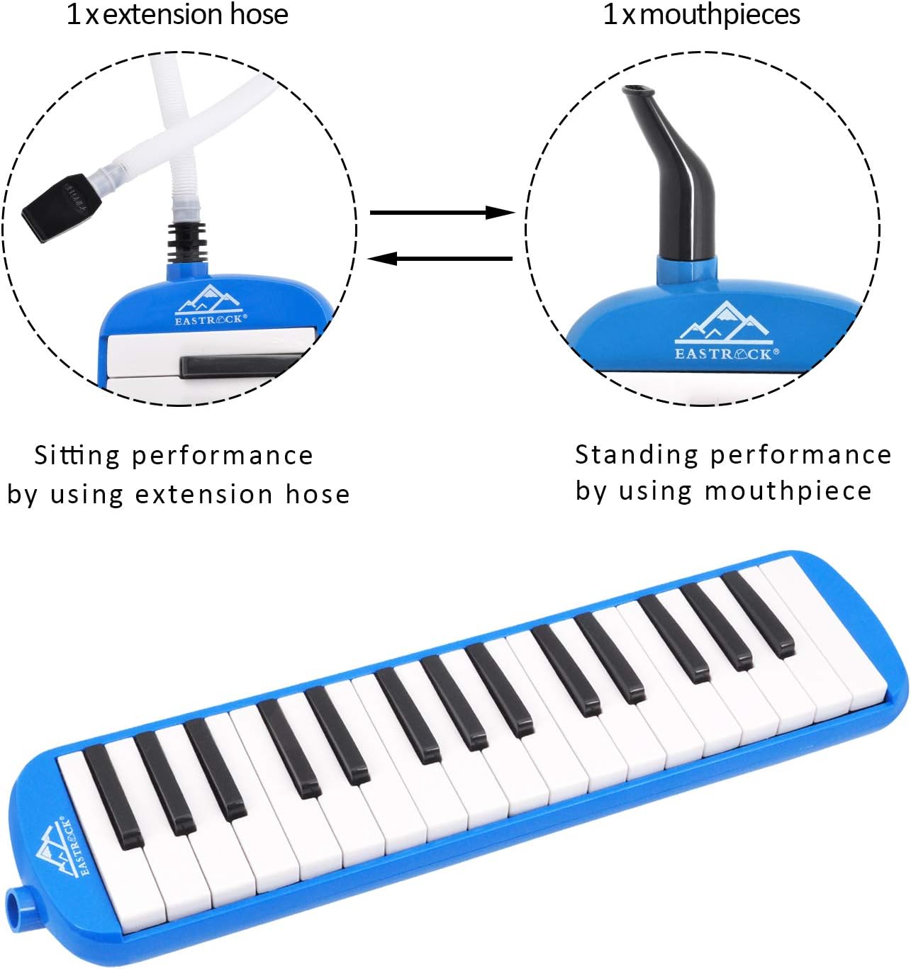 EastRock 32 Key Melodica Instrument Keyboard Soprano Piano Style with Mouthpiece Tube Sets and Carrying Bag for Beginners Adults Gift Blue