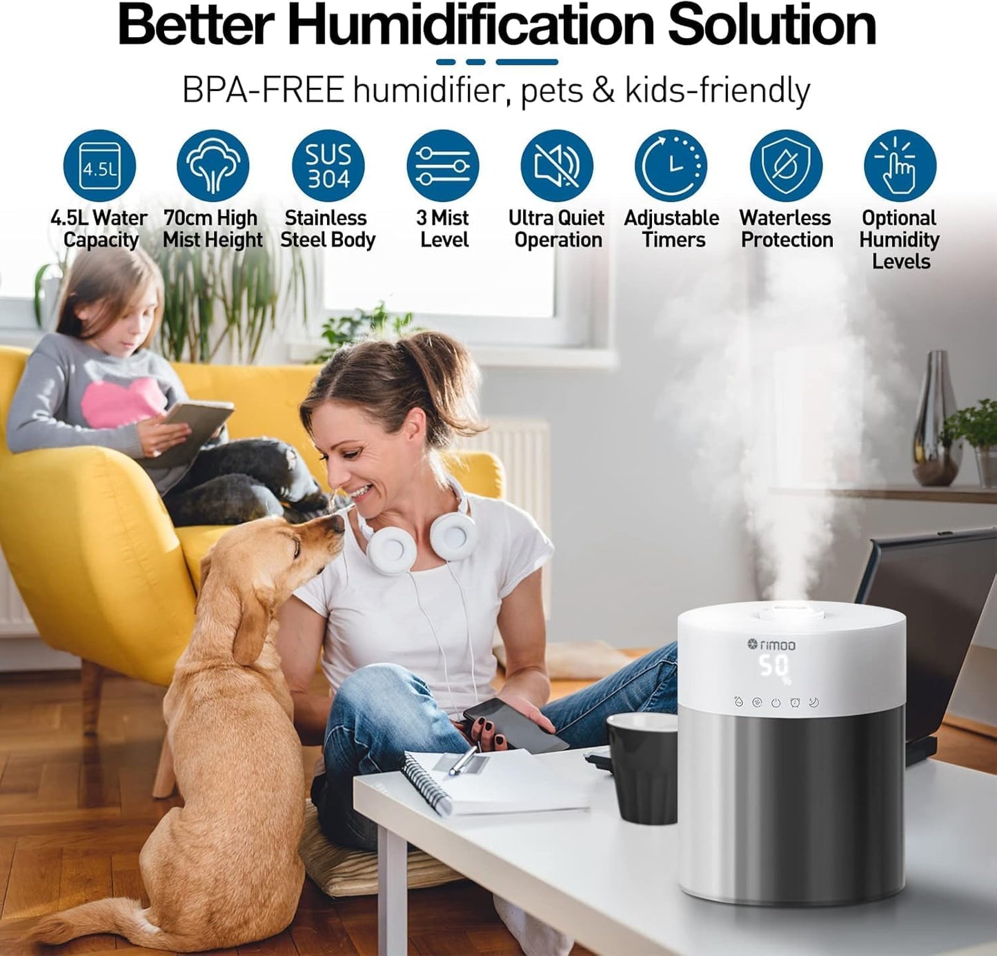 Stainless Steel Humidifier, 4.5L Easy to Clean Humidifier with 304 Stainless Steel Tank, Cool Mist Humidifiers for Bedroom with Smart Humidistat & Timer, 25dB Sleep Mode for Baby, Plants