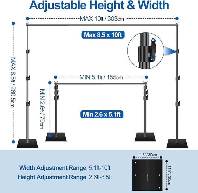 FUDESY Heavy Duty Backdrop Stand, 8.5x10ft Adjustable Photo Background Stand Support System Kit with Steel Base, Pipe and Drape Photography Backdrop Stand Kit for Parties Wedding Birthday