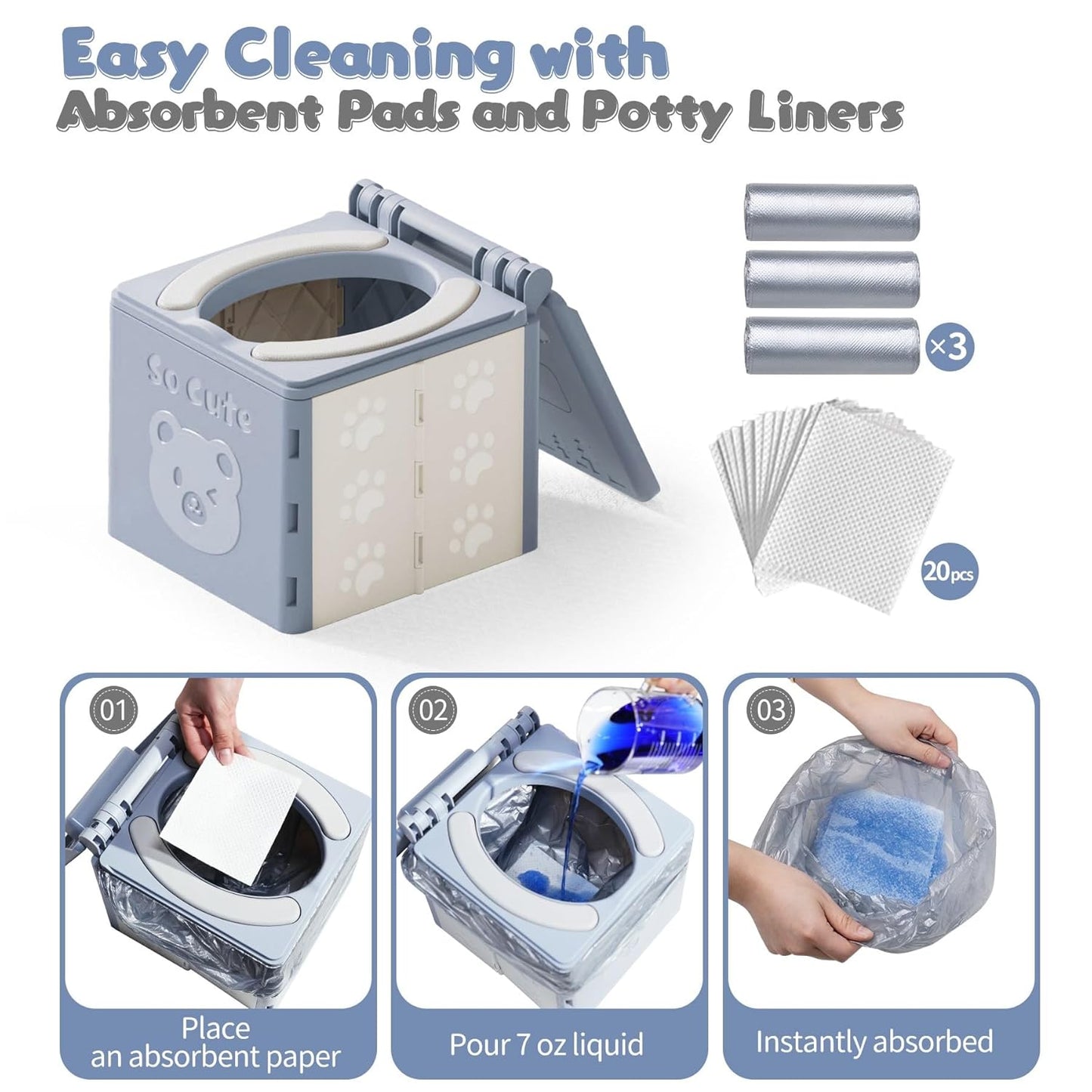 Travel Potty for Toddler with 3 Rolls Potty Liners, 20 Pcs Absorbent Pads, Foldable Car Potty for Toddler, Portable Potty Seat for Toddler Travel, Portable Potty for Tollder Outdoor and Camping Use