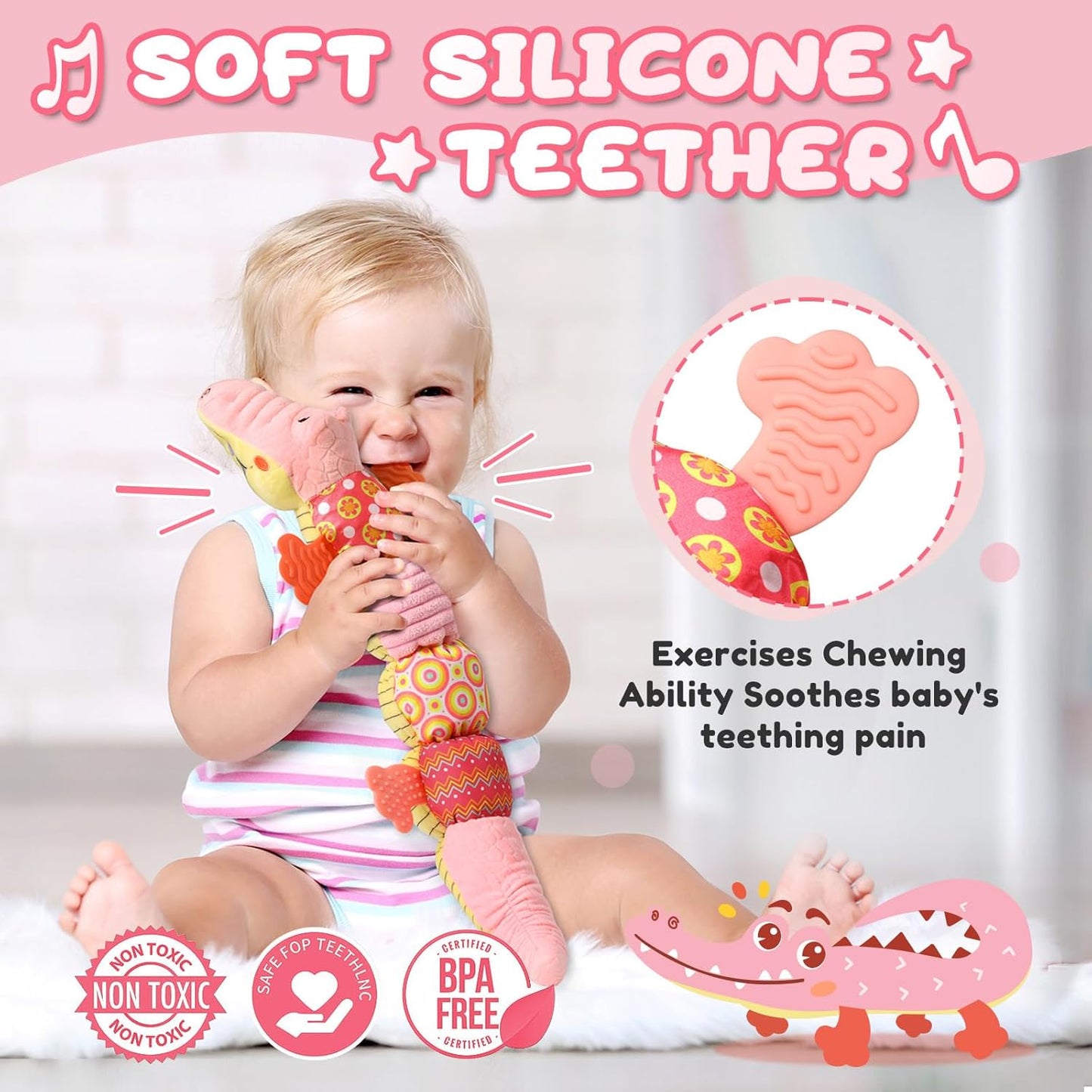 Baby Toys 0 to 12 Months, Musical Stuffed Animal Activity Soft Toys with Multi-Sensory Crinkle, Rattle and Textures,Infant Tummy Time Toys for Newborn Boys Girls, Crocodile, Pink