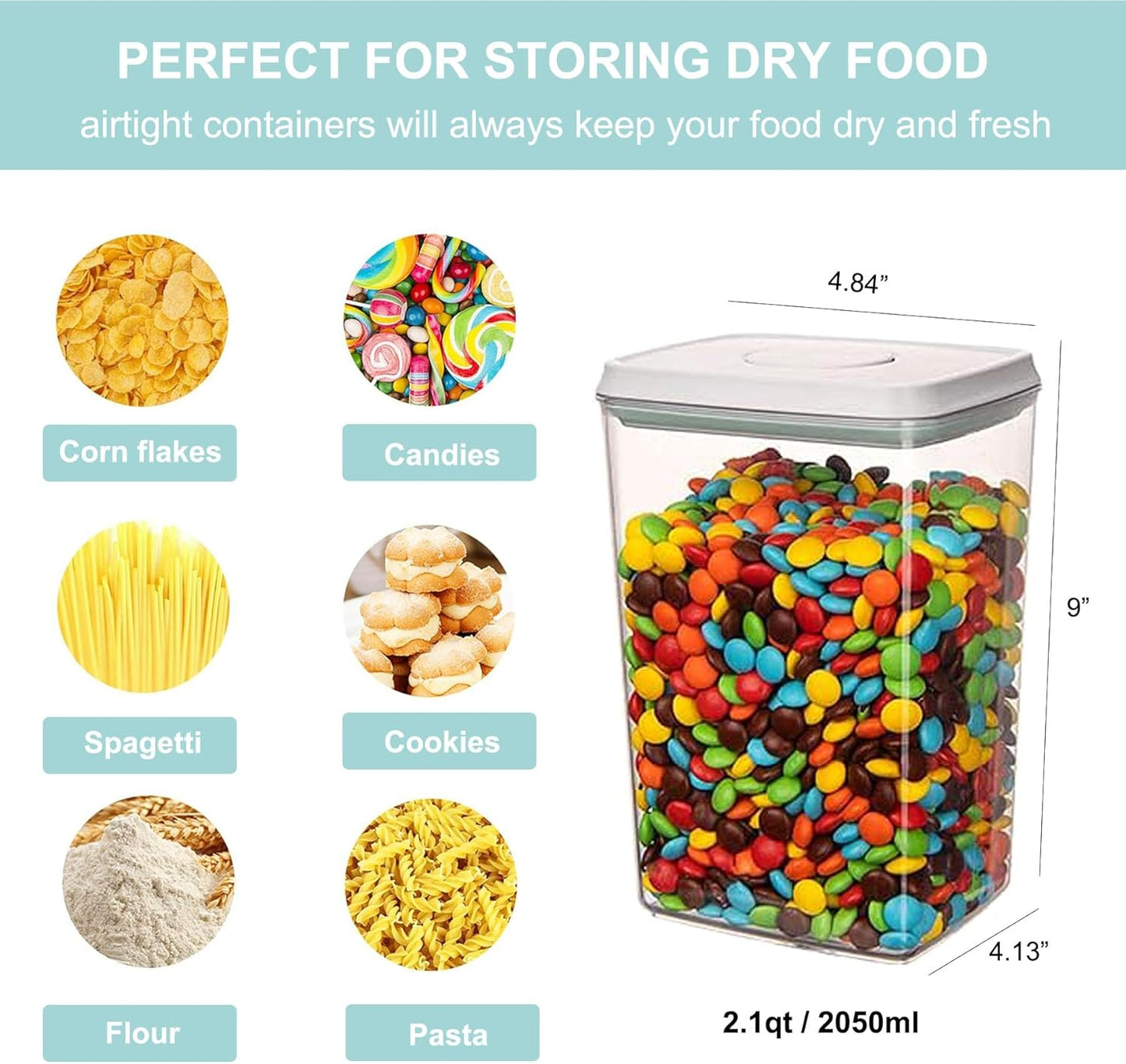 Airtight Food Storage Container - 2.1qt / 2050ml Rectangle Pop Containers With Lids, Bpa Free for Spaghetti Cereal Flour Rice Kitchen Organizer