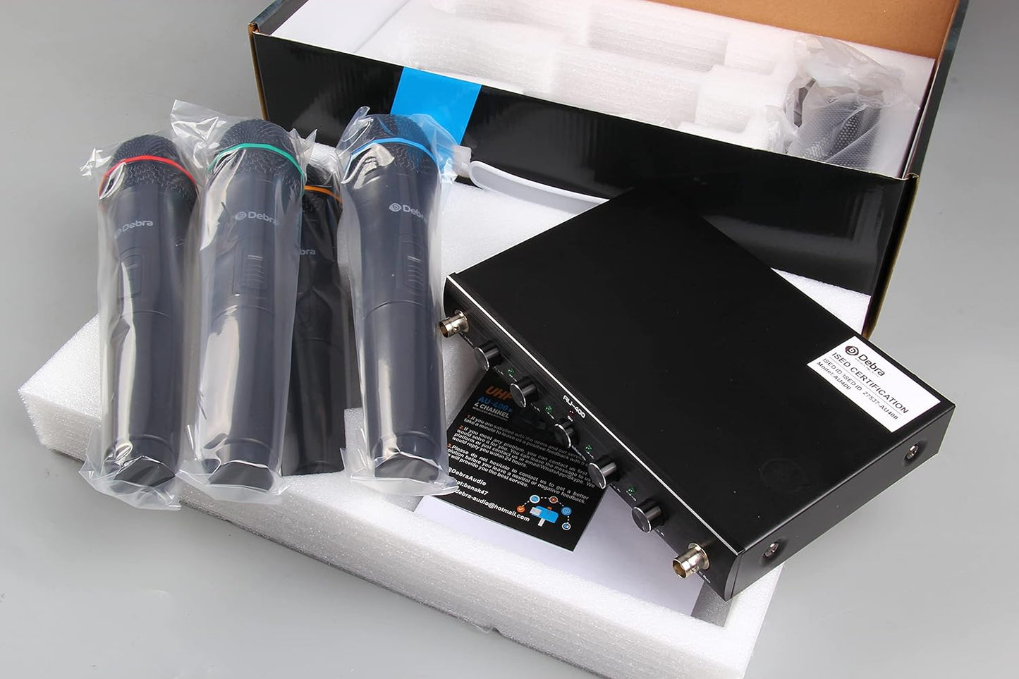 Debra Audio Pro UHF 4 Channel Wireless Microphone System with Cordless Handheld Lavalier Headset Mics, Metal Receiver, Ideal for Karaoke Church Party (with 4 Handheld (A))