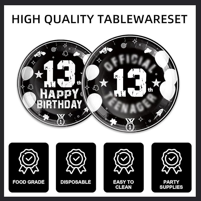 123pcs 13th Party Decorations,13th Silver Black Birthday Banner,Flags,Paper,cups,Straws,Forks,Cake Toppers,Dessert plates,Tablecloths and dinner plates,Officially a Teenager 13th Birthday Supplies