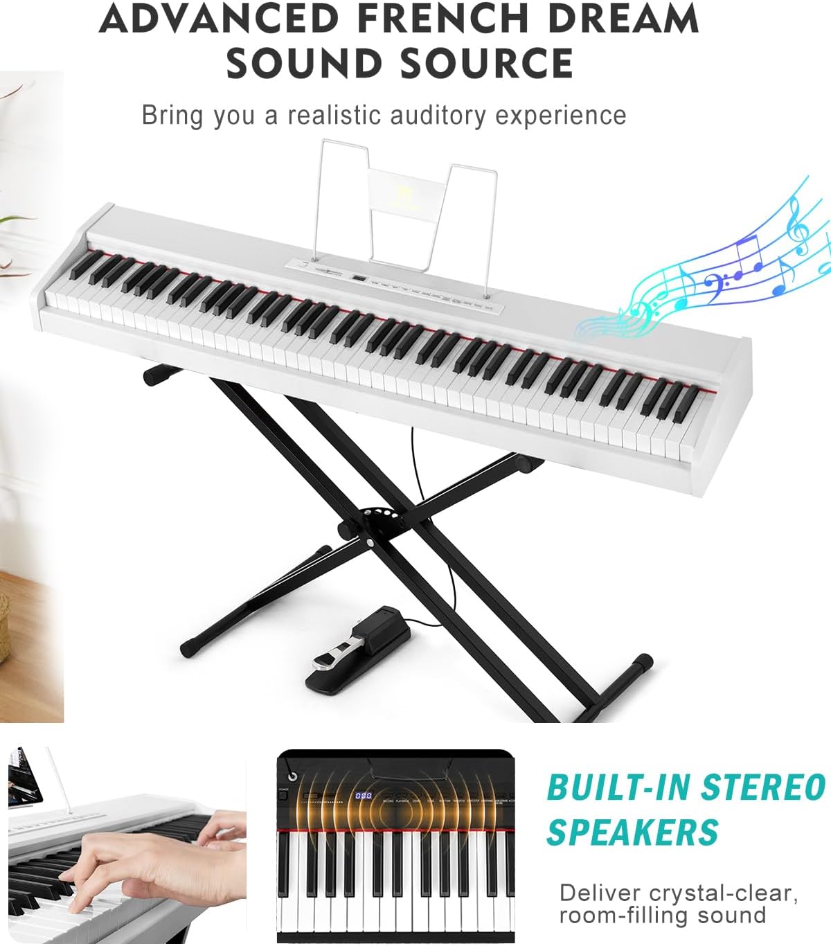 MUSTAR Digital Piano 88 Key Weighted with Stand, 88 Key Semi Weighted Keyboard Piano MEP-1000, Portable Electric Piano Keyboard 88 Keys with Bluetooth Connection, Case, Sustain Pedal, MDF, White