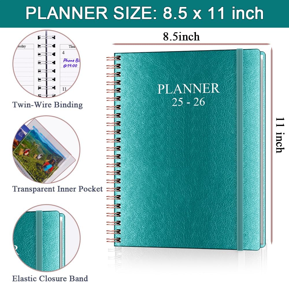Planner 2025-2026 - Weekly & Monthly Planner Runs from Jul 2025 to Jun 2026, 8.5 x 11", 12 Month Tabs, Inner Pocket, PU Leather Cover with Twin-Wire Binding, Monthly Planners 2025-2026, Teal