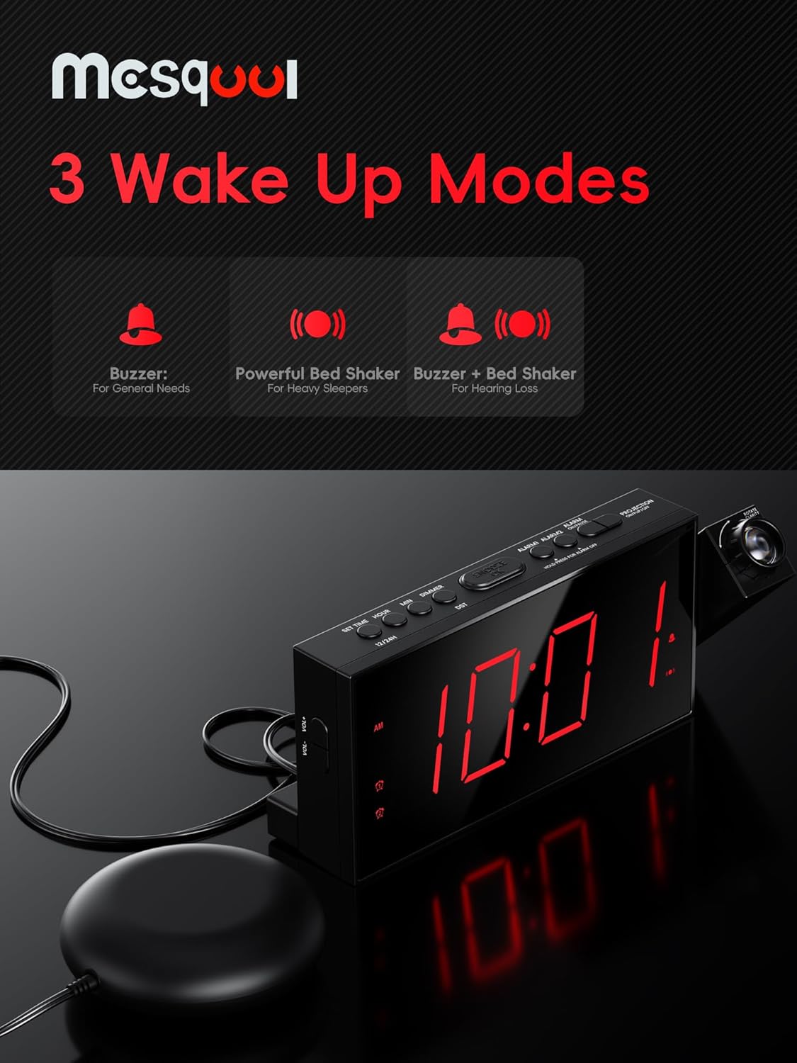 Mesqool Projection Alarm Clock, Loud Vibrating Alarm Clock for Heavy Sleepers, Adjustable Projection Brightness,Hearing Impaired & Deaf People, Digital Alarm Clock with USB Charging Port