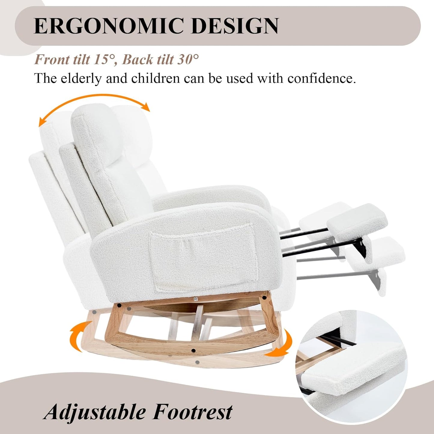 NIOIIKIT Oversized Nursery Rocking Chair, Teddy Upholstered Glider Chair with Footrest, Large Glider Rocker with Side Pocket, Rocking Accent Chair, Glider Recliner for Living Room (White Teddy)