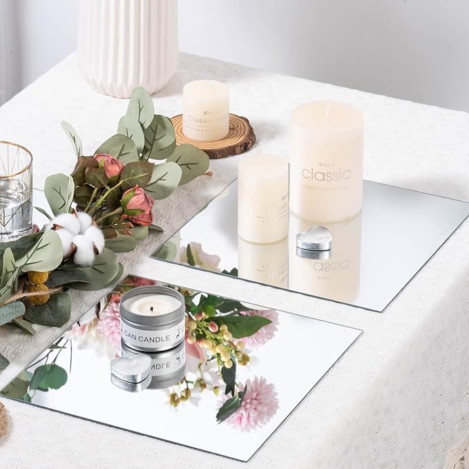 VASUHOME 10" Square Mirrors Candle Plate for Table Centerpieces, Set of 12, 2 mm Thick, Mirror Tiles for Wall, Party Decor and Crafts