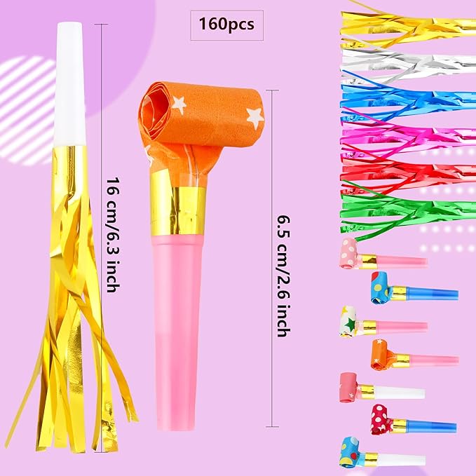 160 Pcs Party Blowers Set Includes 100 Pcs Glitter Fringed Noise Maker and 60 Pcs Colorful Blowouts Horns Whistle for Sporting Events Birthday New Year Noisemakers Party Favors