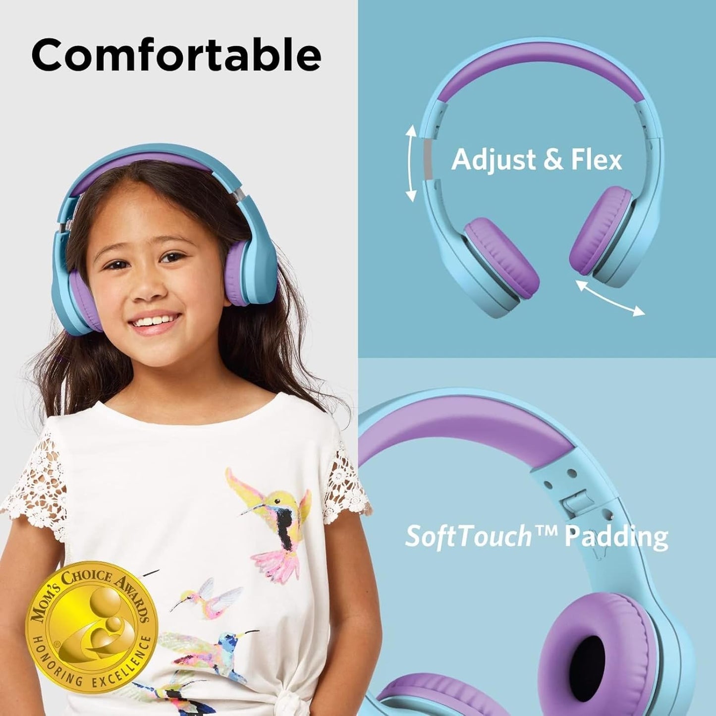 LilGadgets Connect+ Wired Kids Headphones for School with Mic, Volume Limited & Noise Reduction, On-Ear Headset with Cord, SharePort Technology for Multiple Kids & SoftTouch Padding, Blue/Purple