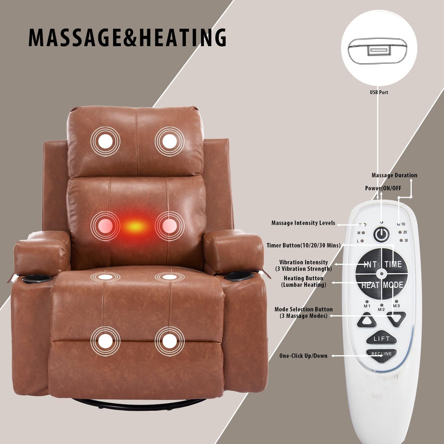 KCQ Electric Massage Recliner Chairs with Heat Overstuffed Faux Leather Power Rocking Reclining Chair with Cup Holders for Adults, Swivel Rocker Recliner Brown