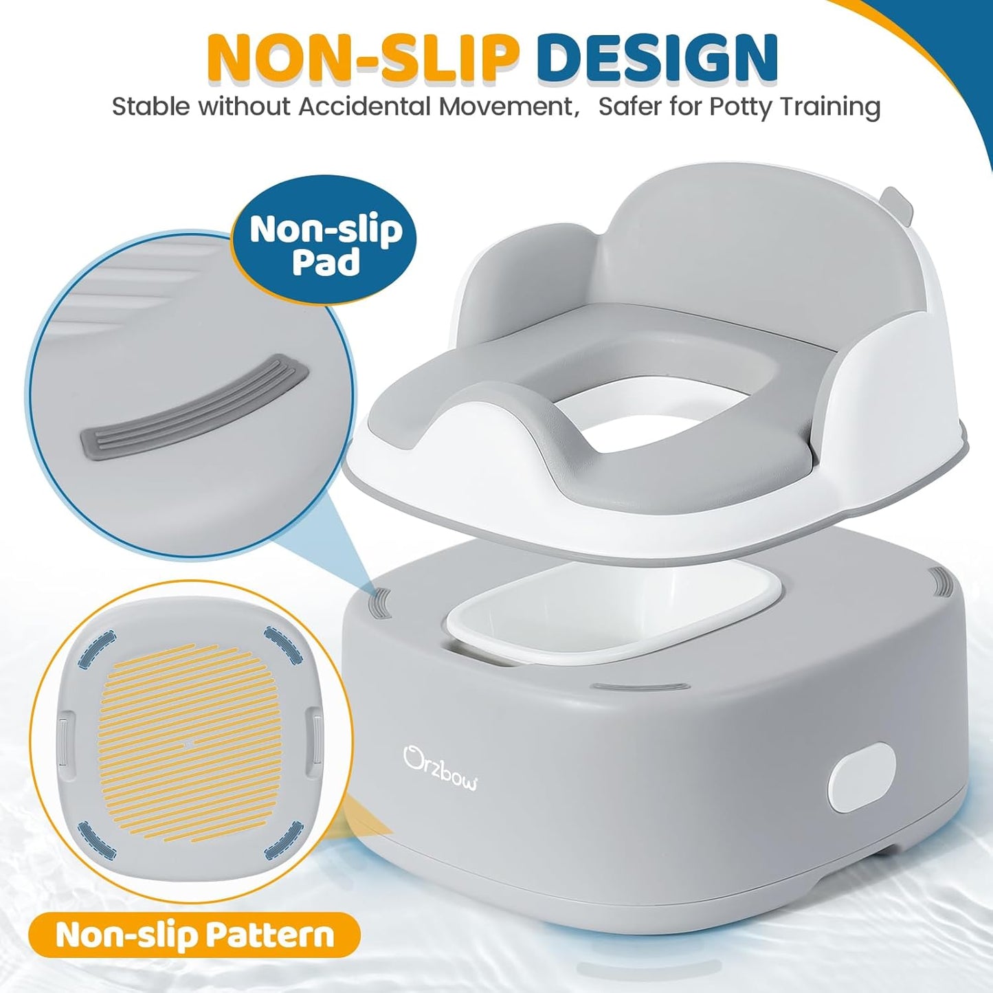 Orzbow 3-in-1 Potty Training Toilet, Detachable Baby Potty, As Toddler Toilet Seat, Chair, Step Stool for Boys & Girls 18+ Months, Potty Training Seat with Splash Guard, Lid, Easy Clean, Gray
