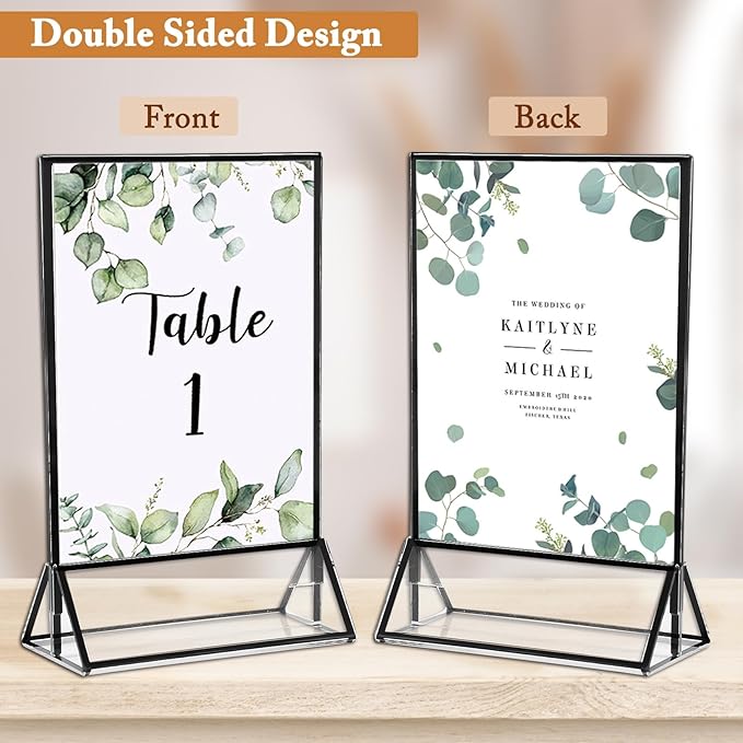 Floroom 6 Pack 5x7 Inch Clear Acrylic Sign Holders, Double-Sided Black Display Stand Picture Frames for Table Numbers, Menus, Flyers, Weddings, and Offices