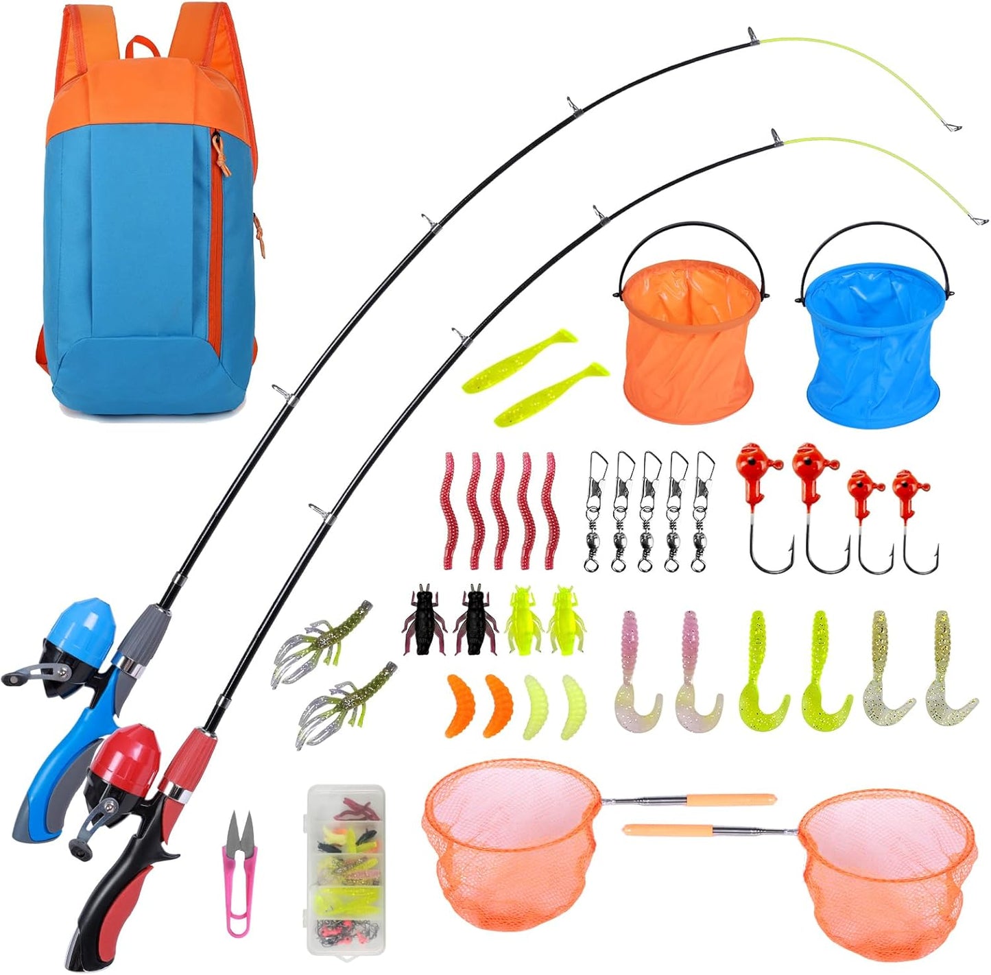 Urban Deco Kids Fishing Pole Kit 2 Pack, Portable Telescopic Kids Fishing Rod with Tackle Box, 2 Fishing Net and 2 Bucket for Beginners, Boys,Girls,Youth