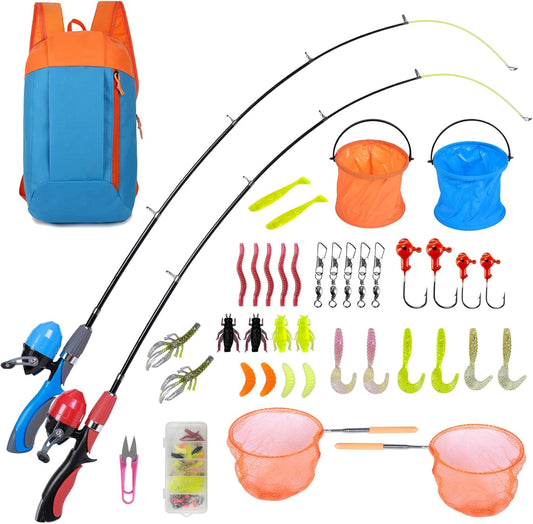 Urban Deco Kids Fishing Pole Kit 2 Pack, Portable Telescopic Kids Fishing Rod with Tackle Box, 2 Fishing Net and 2 Bucket for Beginners, Boys,Girls,Youth