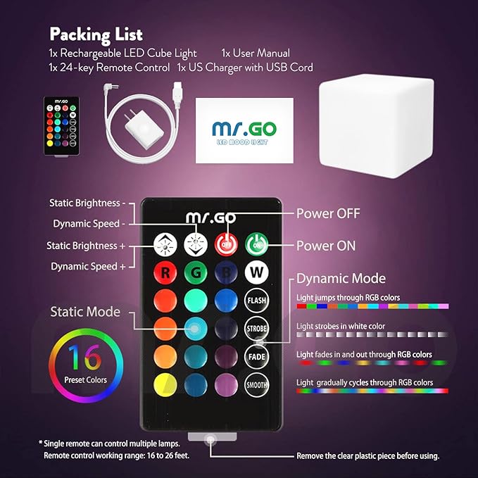 Mr.Go 10-inch Rechargeable LED Cube Light w/Remote, 16 RGB Colors & Dimmable LED Cube Lamp Night Light Mood Lamp, Ambient Decorative Lighting, Cordless & Waterproof for Indoor Outdoor Use