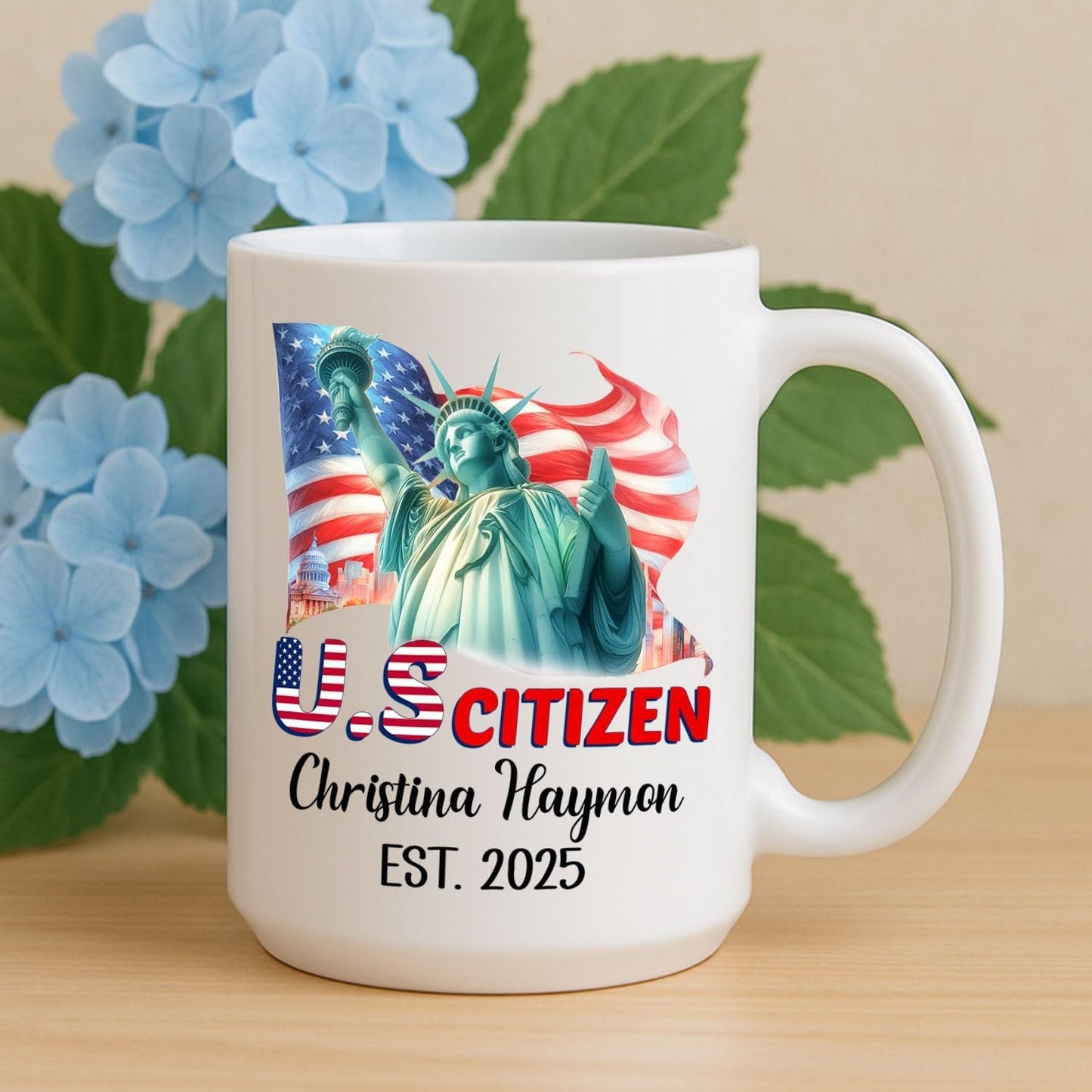 Personalized Coffee Mug Gift For US Citizen Girlfriend Boyfriend, Citizenship Celebration Gnome Ceramic Coffee Cup, Customized Year & Name American Citizen White Teacup, New US Citizenship Travel Mug