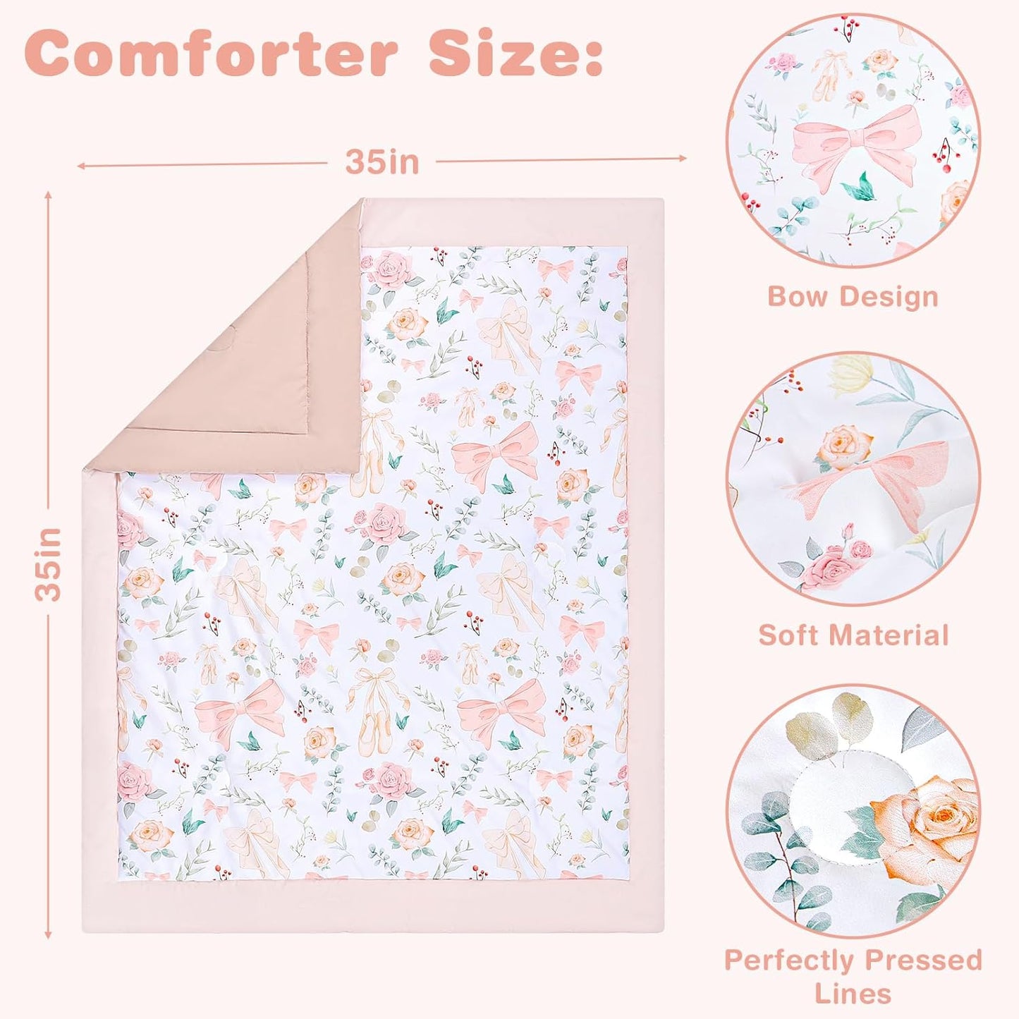 GFU Crib Bedding Set for Girls 4-Piece, Bow Baby Girl Crib Bedding Set Pink Flowes, Nursery Sets Includes Comforter, Fitted Crib Sheet, Crib Skirt, and Diaper Stacker