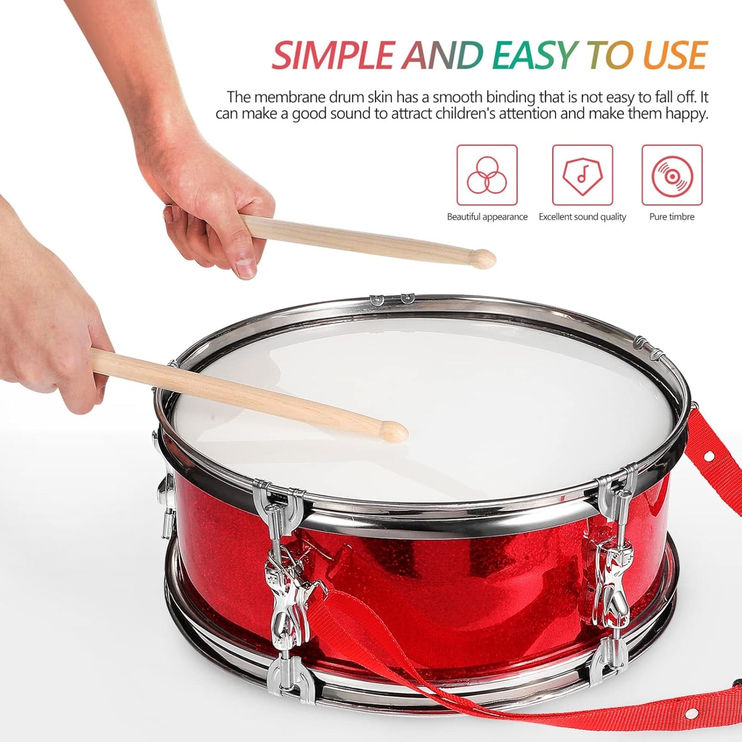Milisten Marching Drum Set 13 Inch, Snare Drum with Wooden Mallet, Gloves and Adjustable Strap, Snare Kit Kids Orff Percussion Musical Instrument, for Kids Teens Red