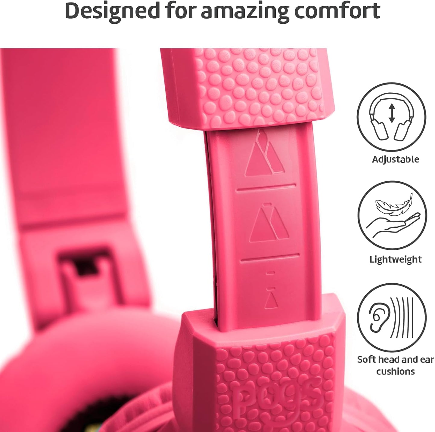 POGS Kids Bluetooth Wireless Headphones | The Gecko 2 | Foldable, Durable Headphones for Kids 3+ | Volume Limited 85 dB, Microphone | On-Ear | Wireless Music-Sharing Function (rPink)