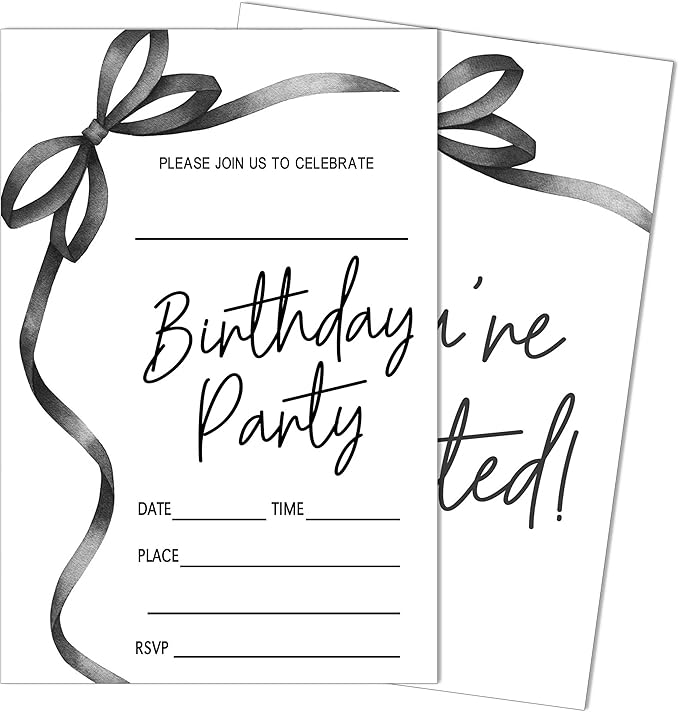 SIXEIGHT Black Bow Birthday Invitations, Black Ribbon Bow Birthday Party Invitations, 20 Party Invitations with Envelopes for Girls Boys, Birthday Party Favor & Decoration (4"x6")-A03