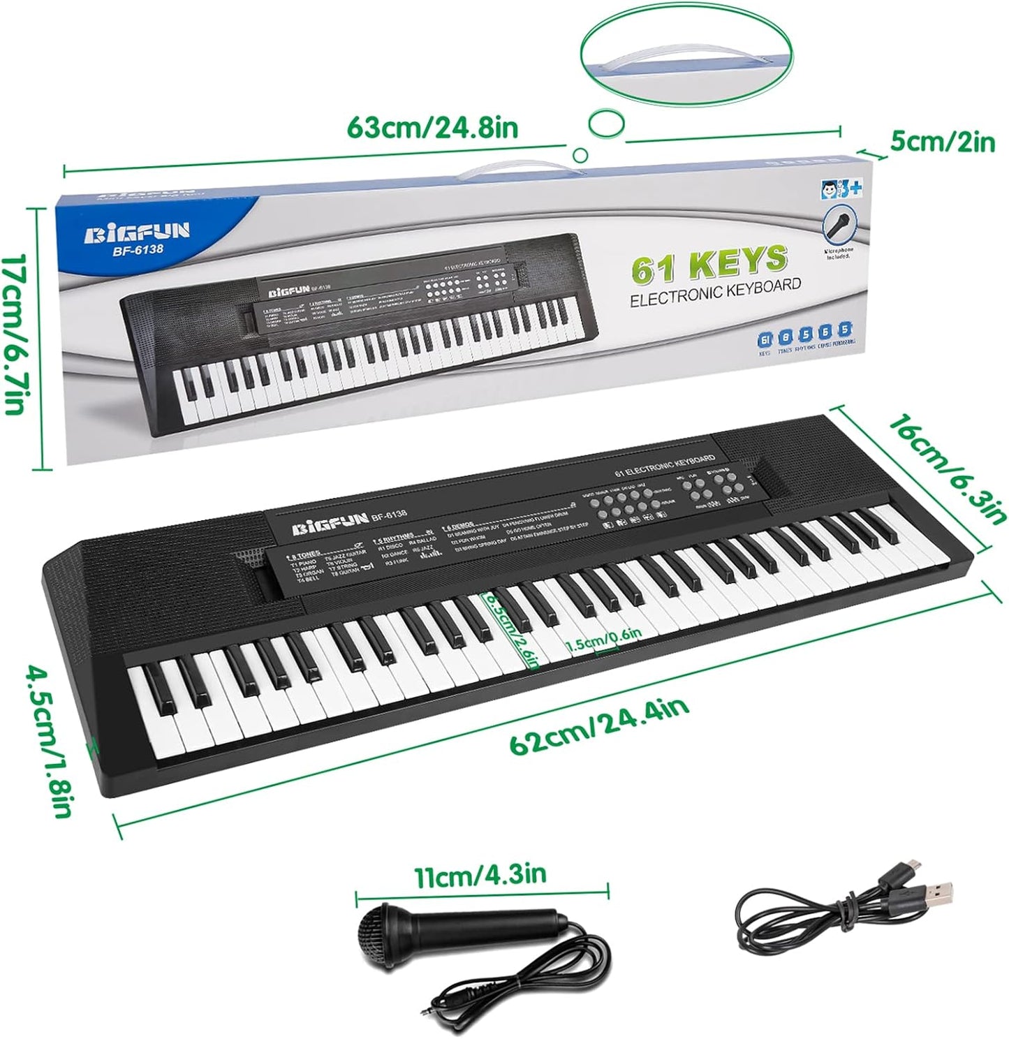M SANMERSEN Kids Music Keyboard, 61-Key Portable Electronic Piano Toy with Microphone, Teaching Tool for Beginners, Ages 3-12, Black