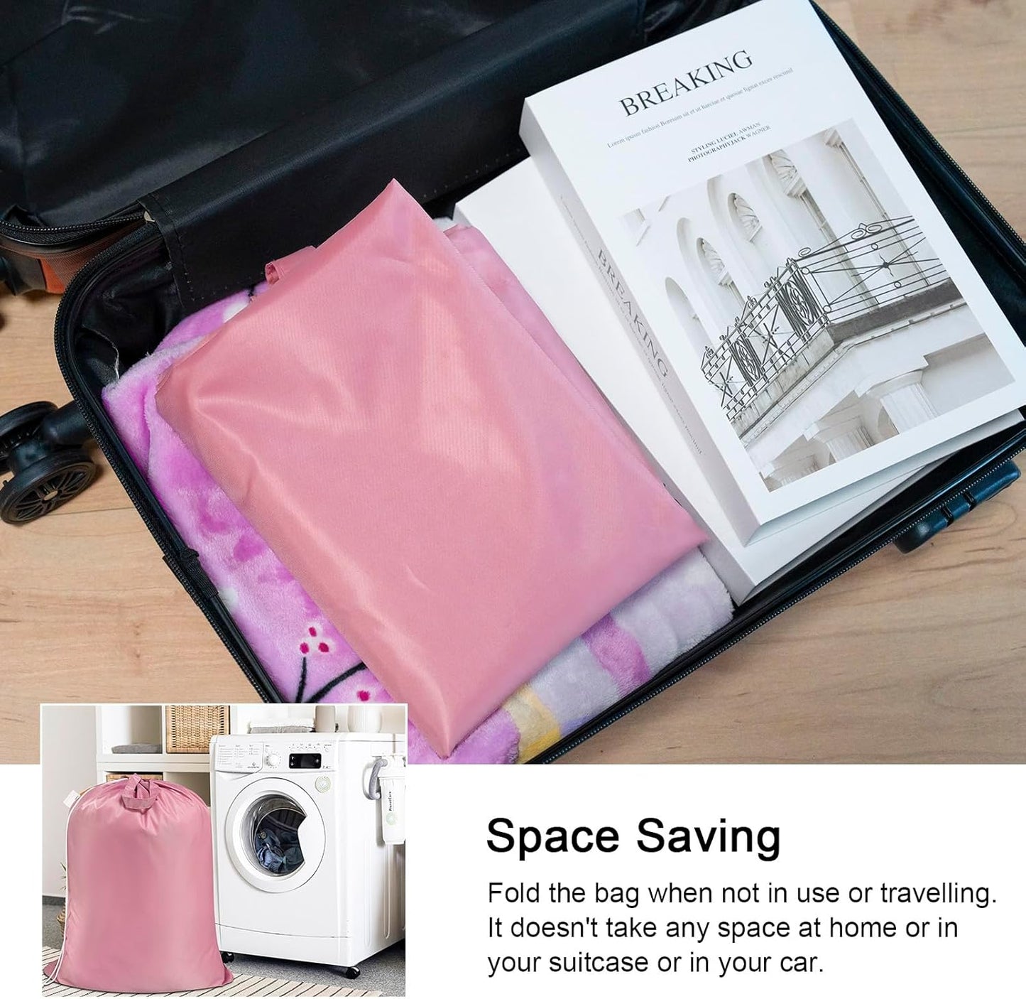 Polecasa Heavy Duty Large Laundry Bag with 130gsm Tear Resistant Fabric and Handles, Easy to Carry Durable Dirty Clothes Drawstring Bag, Perfect for College Dorm, Travel - 28”x36”, Pink